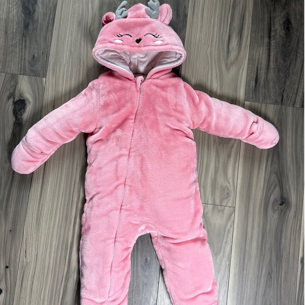 Koala Baby Pink Fleece Reindeer Pram Suit Hooded Bunting 12-18 Months
